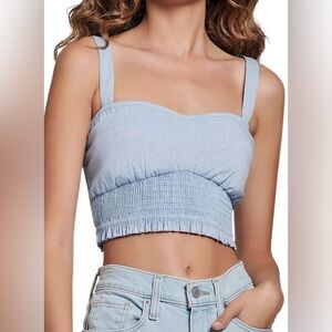 Lost + Wander Lt Blue Smocked Ruffled Sweetheart Neckline Crop Top Size L. NWT.